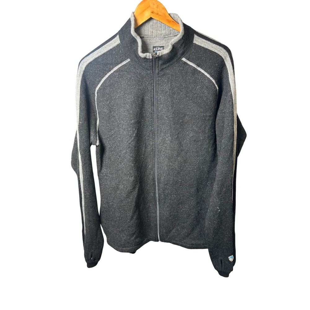 Kuhl Mens Large Full Zip Boiled Merino Wool Sweater Charcoal Grey Mock Neck